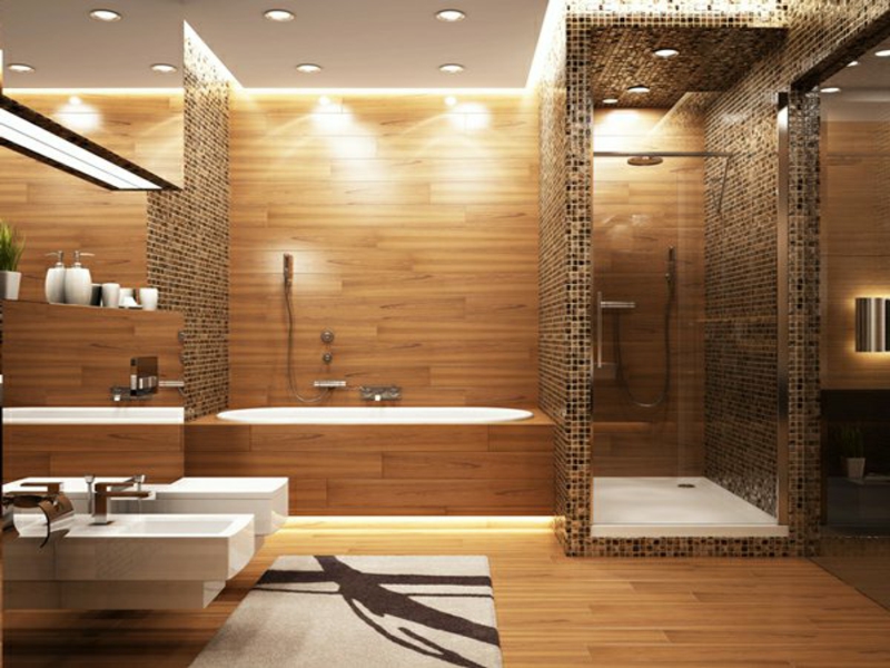 Šiuolaikinio vonios kambario interjero lubų apšvietimas
