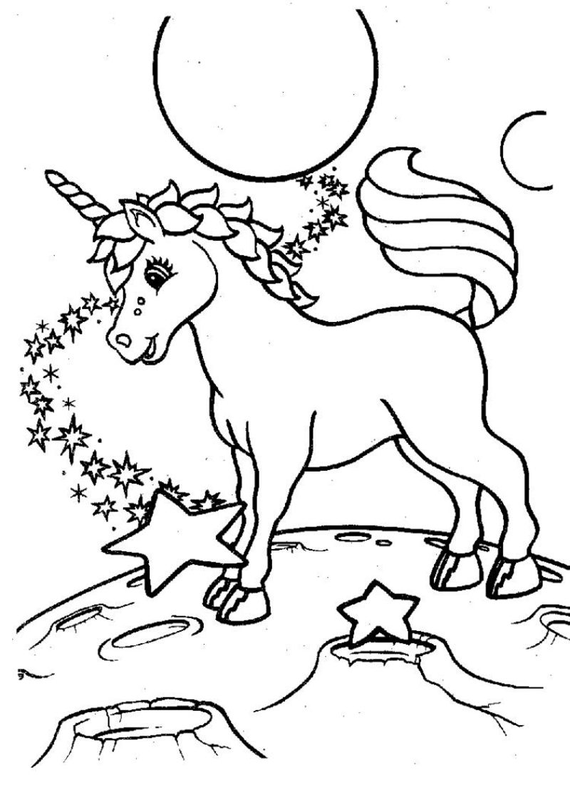 Pagina da colorare animali unicorno, luna e stelle