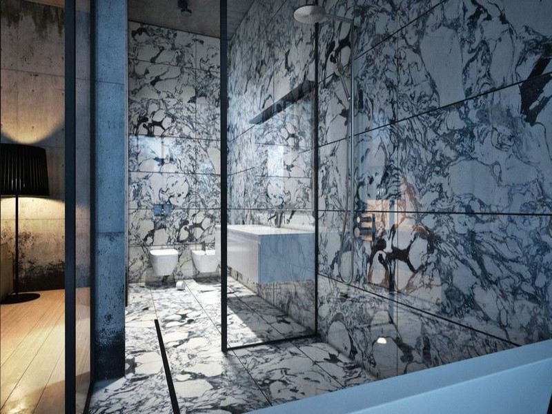 Moderný kúpeľný dizajn s mramorovými dlaždicami
