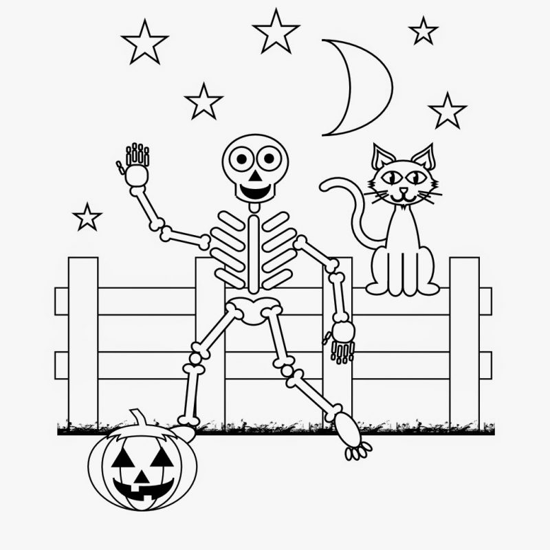 Halloween färgsidor: skelettet kan också vara vänligt