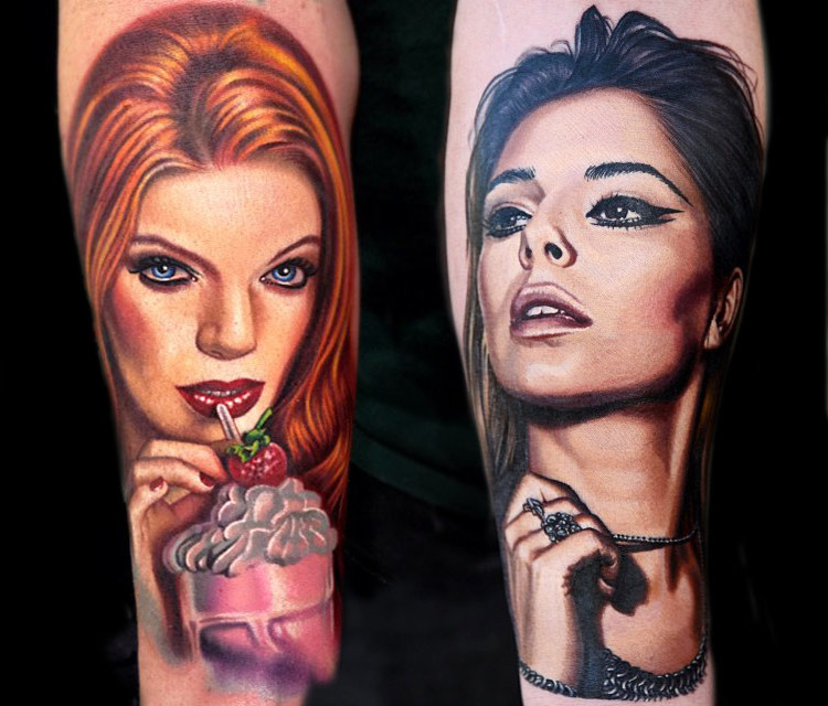 Potret motif tato wanita lengan tato berwarna pria