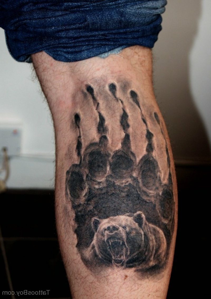 tatuaż łydki niedźwiedzia w tatuażu noga łapa