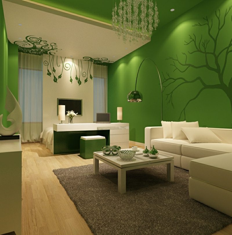 Sienų spalvos žalia ir balta svetainė