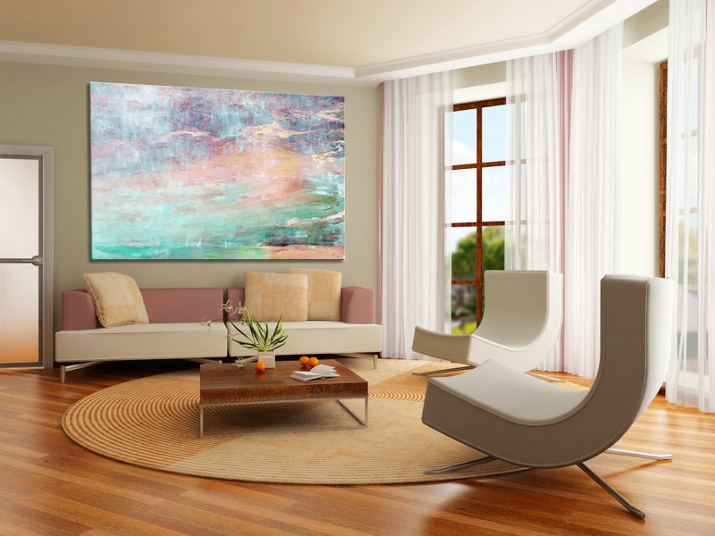 veľký obrázok s akvarelom v obývacej izbe